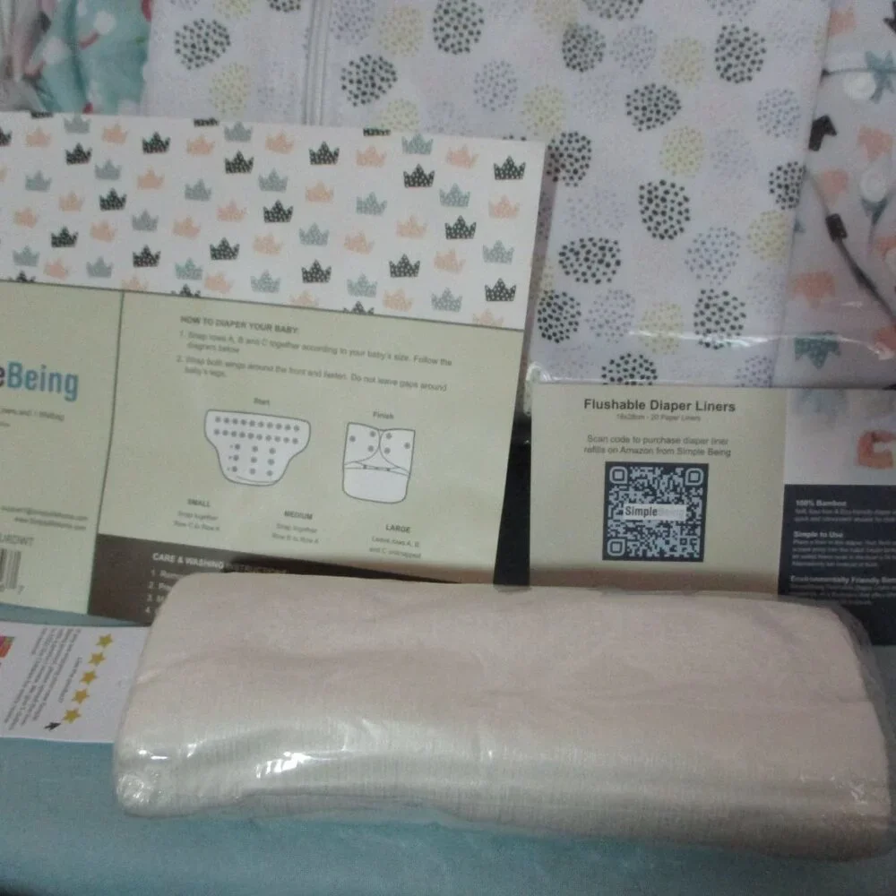 Simple Being 6 Diapers  Liners 1 Wetbag New Unisex Adjustable Size S M L Reusabl